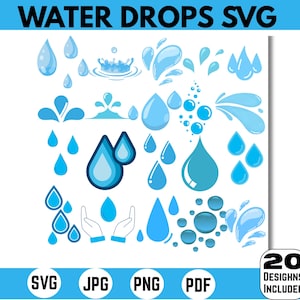 May include: A collection of blue water drop designs in various shapes and sizes. The image includes the text "WATER DROPS SVG" at the top and file type icons at the bottom. The image also includes the text "20 DESIGNS INCLUDED".