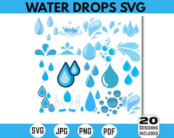 Paquete PNG de gotas de agua, conjunto de iconos de lluvia editables, diseño de agua ecológica, archivo de corte en capas para Cricut y Silhouette