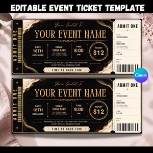 May include: An editable event ticket template featuring a black background with gold marble accents. The design includes text fields for event name, date, venue, time, and price, with the words ADMIT ONE, 18TH DECEMBER, 8:00 PM, and $12 printed.