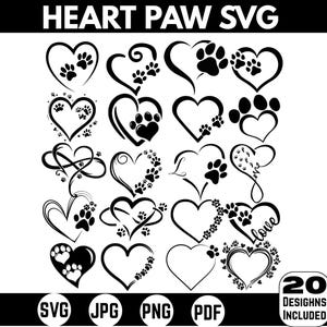 Könnte beinhalten: Schwarz-weiße SVG-Designs mit Herzformen und Pfotenabdrücken. Das Bild enthält oben den Text "HEART PAW SVG" und unten Dateityp-Symbole. Das Bild zeigt 20 Designs.
