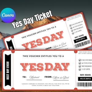Puede incluir: Dos vales "Yes Day Ticket" con un fondo de montaña. Los boletos son rojos y blancos con el texto "YES DAY" en letras grandes. Un boleto está dirigido a Michael, de Mamá y Papá.