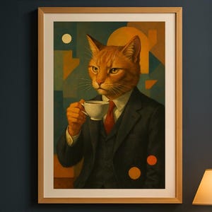 Sir Whiskerfields morgonritual – Sofistikerad väggkonst med katt (kontors- eller heminredning)