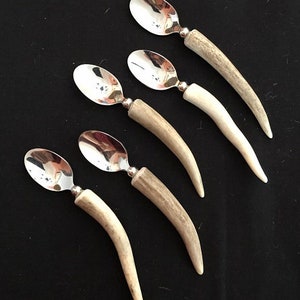 Könnte beinhalten: Fünf Löffel mit silbernen Schalen und Geweihgriffen. Die Löffel sind in einer Reihe angeordnet, wobei die Griffe in verschiedene Richtungen zeigen.