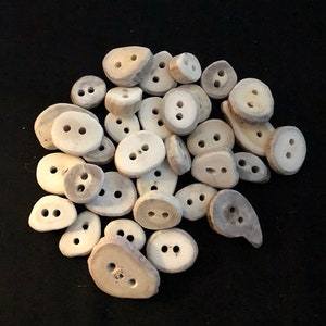 Puede incluir: Un montón de botones ovalados de color blanquecino, cada uno con dos agujeros. Los botones tienen un aspecto natural y texturizado, sobre un fondo negro. Estos botones son ideales para coser y proyectos de manualidades.