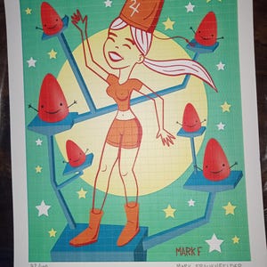 May include: A colorful print featuring a cartoon woman in orange clothing and boots, wearing a crown with a symbol. She is surrounded by red, smiling, teardrop-shaped figures on platforms. The background is green with stars. The print is numbered 92/100 and signed by Mark Frauenfelder.