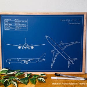 Könnte beinhalten: Ein gerahmter Druck im Blaupausenstil eines Boeing 787-9 Dreamliner. Der Druck zeigt weiße Strichzeichnungen des Flugzeugs aus verschiedenen Blickwinkeln sowie Spezifikationen. Der Rahmen ist aus hellem Holz. Der Text "Rahmen nicht enthalten | Frame not included" steht unten.