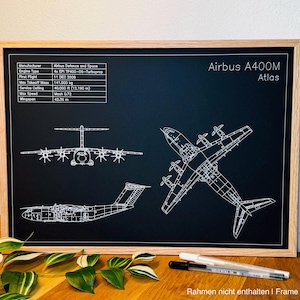 May include: A framed print displaying technical drawings of an Airbus A400M Atlas aircraft on a black background. The white lines show the aircraft's design, with specifications including a wingspan of 42.36 m. The frame is made of light wood.