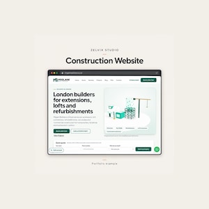 Peut inclure: Une maquette numérique d'un site web de construction intitulé Miglani Builders. L'interface comprend un en-tête avec navigation, une section principale avec du texte sur les constructeurs londoniens, un graphique et un formulaire.