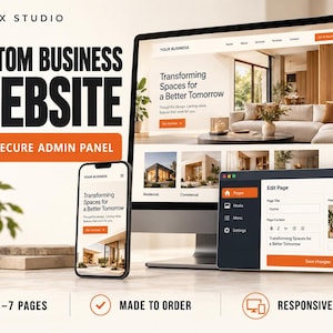 Op de afbeelding: Een op maat gemaakte zakelijke websitedienst met een desktopmonitor, een smartphone en een tablet die een webdesign-interface tonen met de tekst ZFLVIX STUDIO, CUSTOM BUSINESS WEBSITE en SECURE ADMIN PANEL in oranje en zwart.