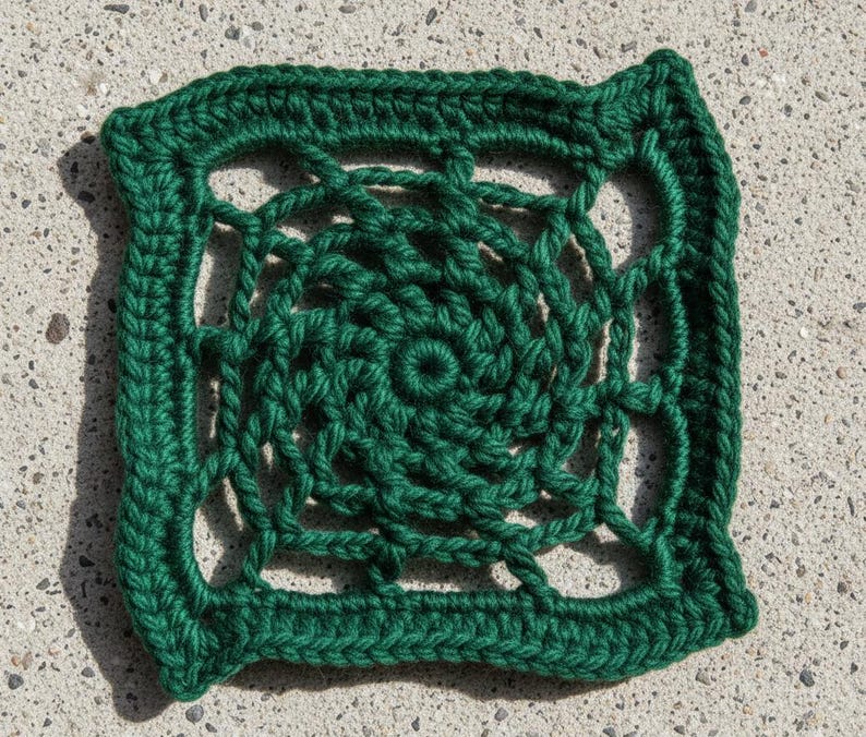 May include: A square, handmade crochet doily in a deep forest green. The center features a spiral design, surrounded by an open, lacy pattern within a solid border. The yarn appears thick and textured.