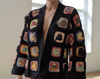 Black Cat Crochet Cardigan, Knit Kitty Sweater for Women, Handmade Cotton Granny Cardigan