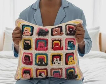 Cat Crochet Pillow Cover: HandKnitted Granny Square 3D Cat Cushion