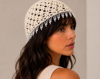 Beige Beaded Crochet Beanie: Handmade Crochet Beanie with Beaded, Boho Summer Head Accessories