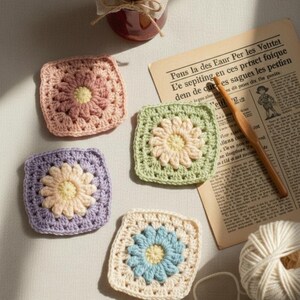 May include: Four handmade crochet coasters in pastel colors: pink, green, purple, and cream. Each coaster features a floral design with a yellow center. A vintage newspaper clipping and a ball of yarn are also visible.