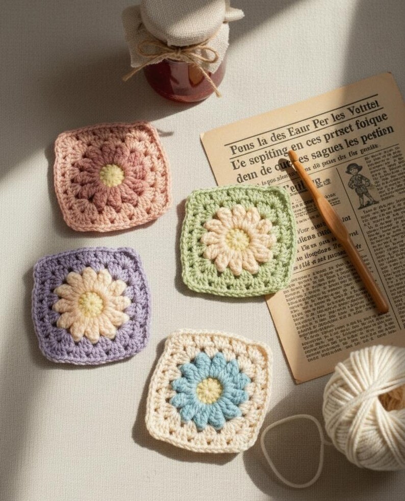 May include: Four handmade crochet coasters in pastel colors: pink, green, purple, and cream. Each coaster features a floral design with a yellow center. A vintage newspaper clipping and a ball of yarn are also visible.