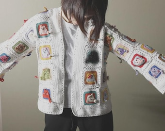 Granny Square Cat Sweater Unisex, Cat Crochet Sweater, Handmade Granny Outfit