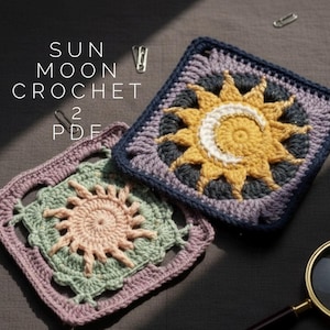 May include: Two crocheted squares with sun and moon designs. One square features a yellow sun with a white crescent moon on a navy blue and purple background. The other square has a pink sun on a green and purple background. The text "SUN MOON CROCHET 2 PDF" is visible.
