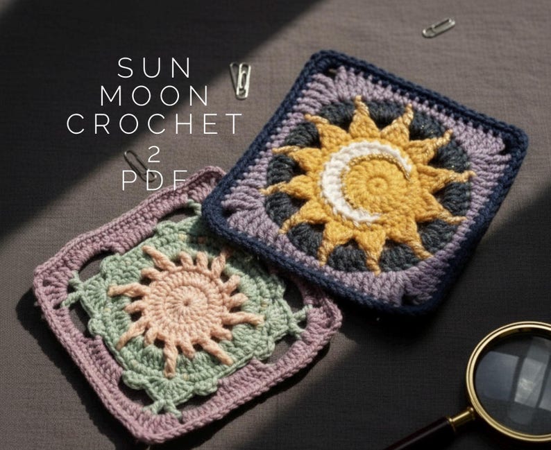 May include: Two crocheted squares with sun and moon designs. One square features a yellow sun with a white crescent moon on a navy blue and purple background. The other square has a pink sun on a green and purple background. The text "SUN MOON CROCHET 2 PDF" is visible.