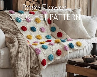 Rose Flower Granny Square Crochet Pattern for Blanket or Bags ( Digital Instant PDF )