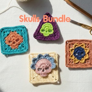 May include: A collection of colorful, crocheted skull designs. The designs include a teal square with an orange skull, a purple triangle with a green skull, a yellow square with a pink skull, and a brown square with a blue skull. The text "Skulls Bundle" is in the image.