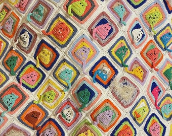 Granny Square Blanket, Cat Crochet Throw: Afghan Kitty Blanket and Pillow