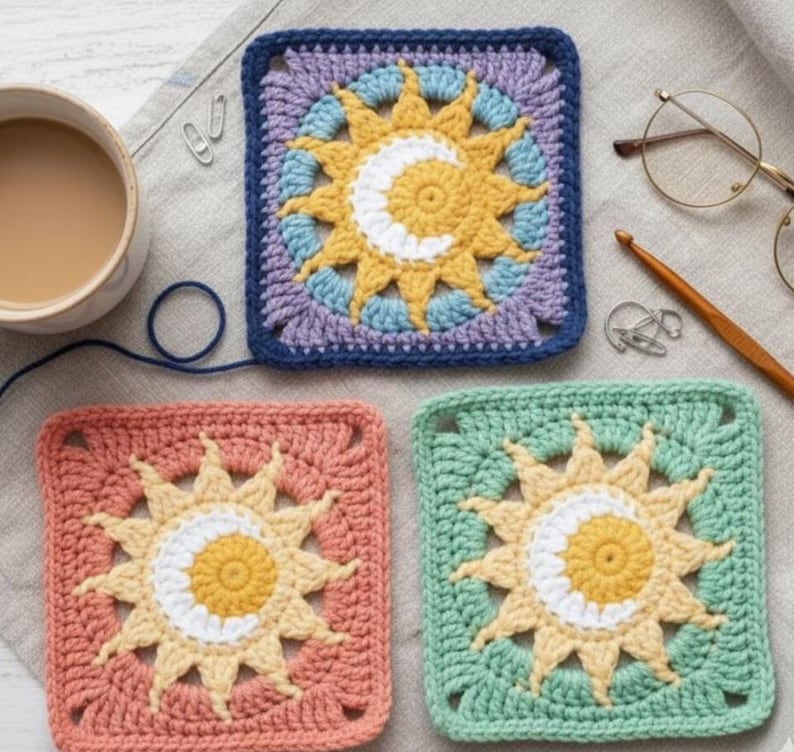 May include: Three crocheted square coasters with sun and moon designs. The coasters are in shades of blue, peach, and green, with yellow and white accents. A cup of coffee, glasses, and a crochet hook are also in the image.