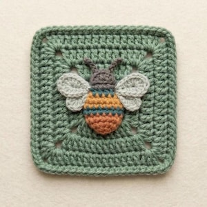 May include: A crocheted square in a muted green hue, adorned with a detailed bee applique. The bee has a grey head, grey wings, and a body with orange, yellow, and teal stripes. The square features a classic granny square design.
