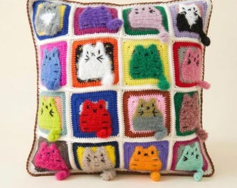 Cat Square Pillow Cover, Cute Cats Cushion Cover, Granny Square Animal Pillow