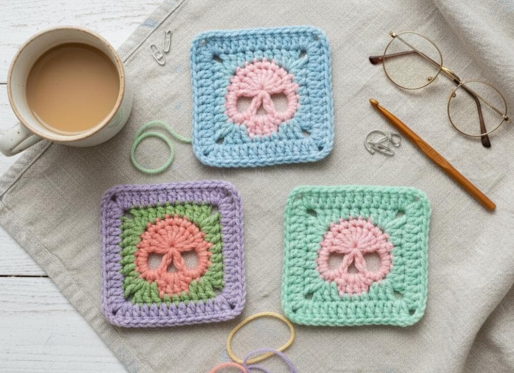 25 Skull Granny Square Crochet Patterns for Halloween, Gothic Decor, and Clever Motifs 11 Skull Crochet Granny Square Pattern: Halloween Spooky