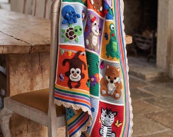Granny Crochet Blanket, Animal Themed Baby Blanket, Handmade Crocheted Throw,  Nursery Blanket, Zoo Sofa Throw