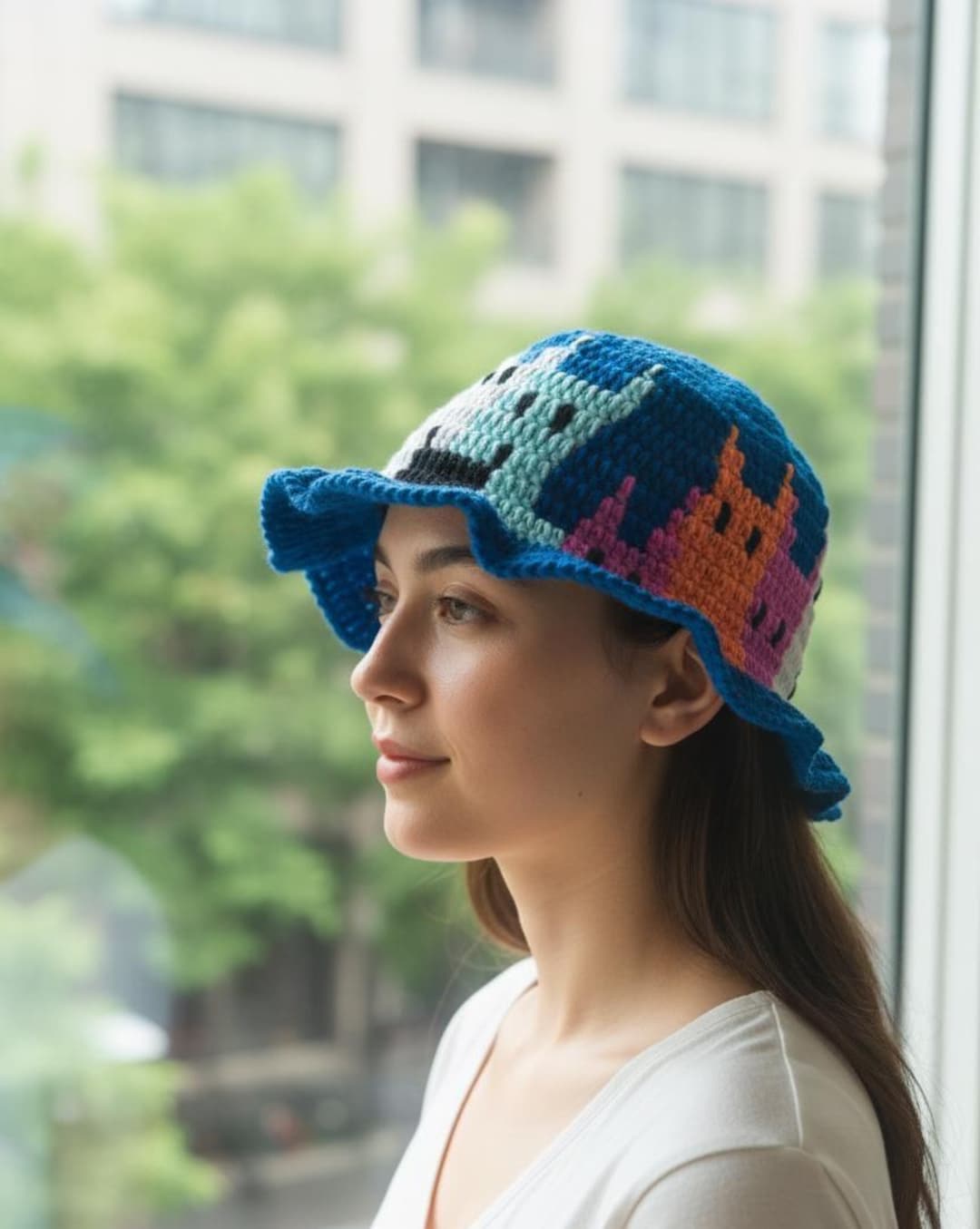 Crochet Cat Hat: Navy Blue Ruffled Brim, Colorful Kitty Hat - Etsy
