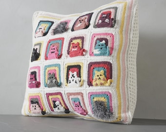 Crochet Cat Pillow: Granny Square Many Cats Cushion, Christmas Gift for Mom