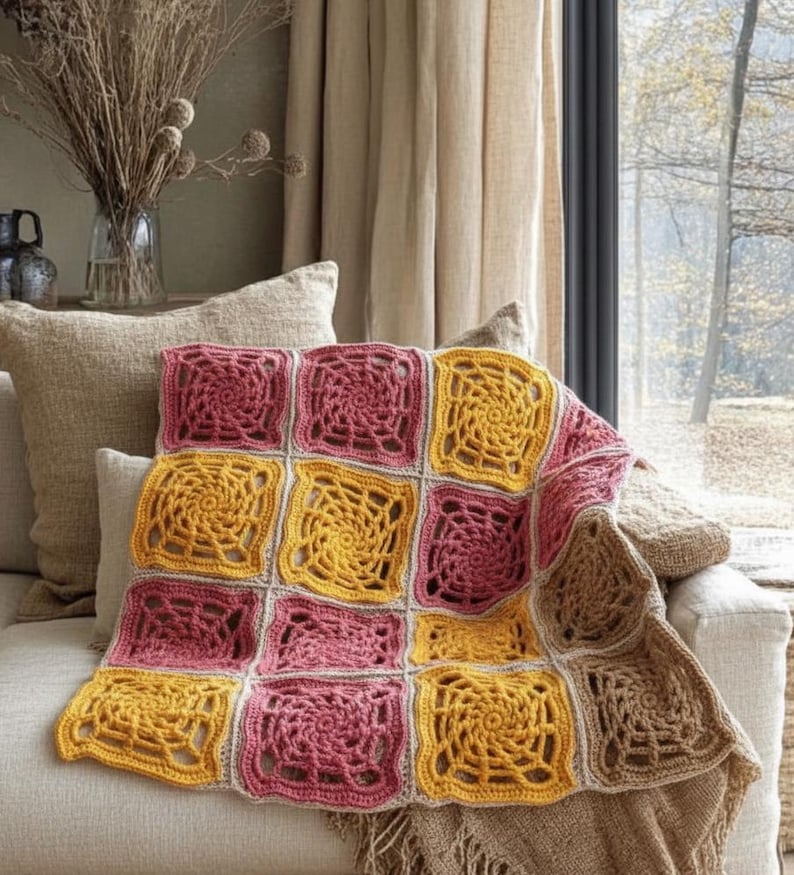 May include: A handmade crochet blanket in shades of pink, yellow, and tan. The blanket is made of square motifs with a spiral design in the center. The blanket is draped over a beige sofa, with a neutral background.