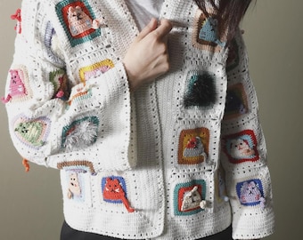 Handmade Crochet Cat Granny Square Cardigan: Beige Knit Jacket