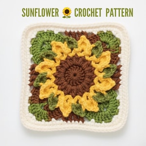 Sunflower Crochet Granny Pattern, Sunflower Daisy Square Pattern, Sunflower 3D Motif Pattern, Flower Pattern for Crochet Blanket