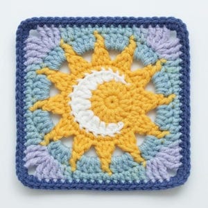 May include: A square, crocheted sun and moon design in yellow and white, surrounded by blue, light blue, and lavender. The sun has pointed rays, and the moon is a white crescent. The border is a dark blue.