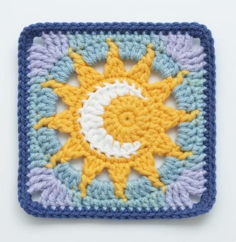 May include: A square, crocheted sun and moon design in yellow and white, surrounded by blue, light blue, and lavender. The sun has pointed rays, and the moon is a white crescent. The border is a dark blue.