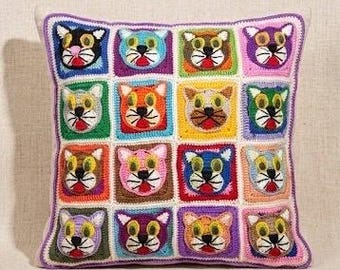 Handmade Crochet Cat Pillow Cover, Granny Square Cushion, 3D Whimsical Cat Decor, Boho Chic Home Accessory, Custom Gift for Cat Lovers