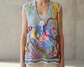 Sea Themed Handmade Landscape Vest, Chunky Knit Vest, Unique Nature Art Wear Tunic, Seahorse Knitwear, Starfish Crochet Vest