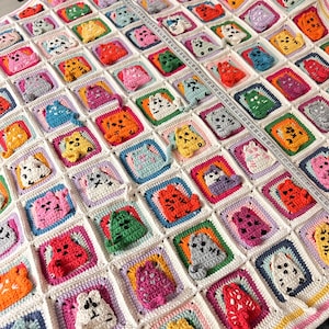 HandCrafted Cat Crochet Throw: Granny Square Kitty Blanket and Pillow
