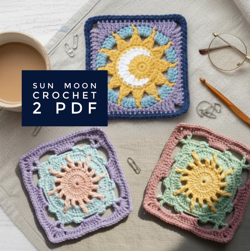 May include: Three crocheted square designs with sun and moon motifs in various colors. The squares are in shades of blue, yellow, pink, and purple. Text on the left reads "SUN MOON CROCHET 2 PDF".