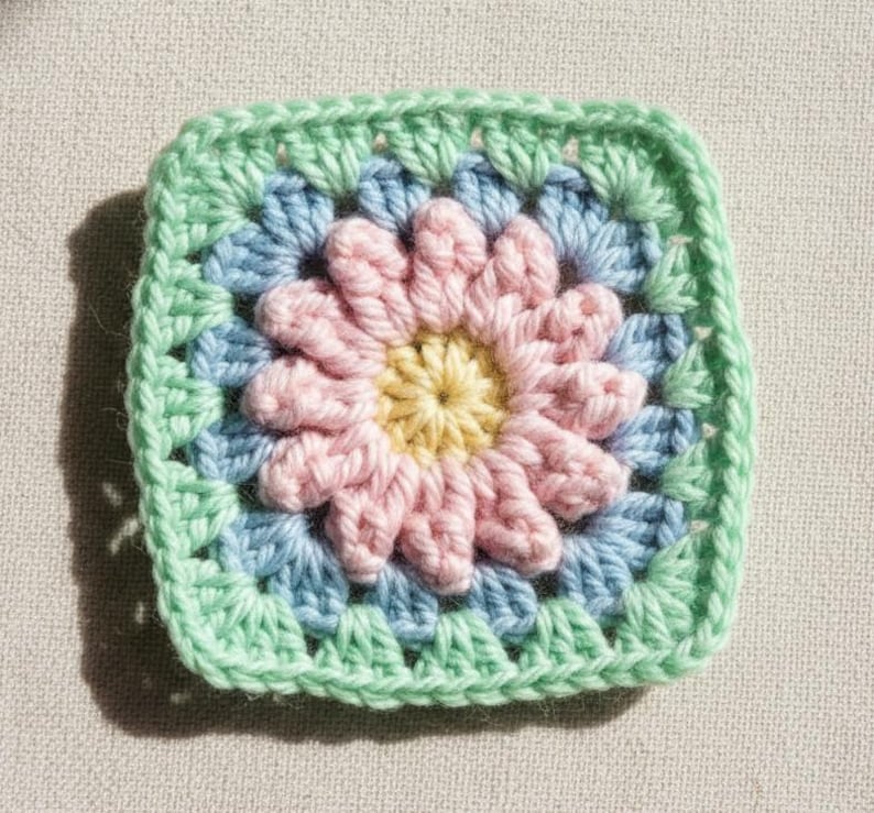 May include: A square, handmade crochet piece featuring a floral design. The center is yellow, surrounded by pink petals, light blue, and a green border. The yarn appears soft and the stitches are tight, creating a textured, colorful square.