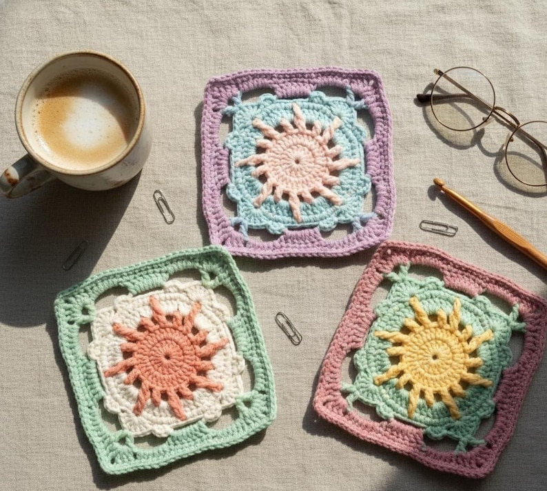 May include: A collection of colorful, crocheted square coasters with sunburst designs. The coasters are in shades of pink, green, and purple, with a cup of coffee and eyeglasses in the background. The coasters are handmade.