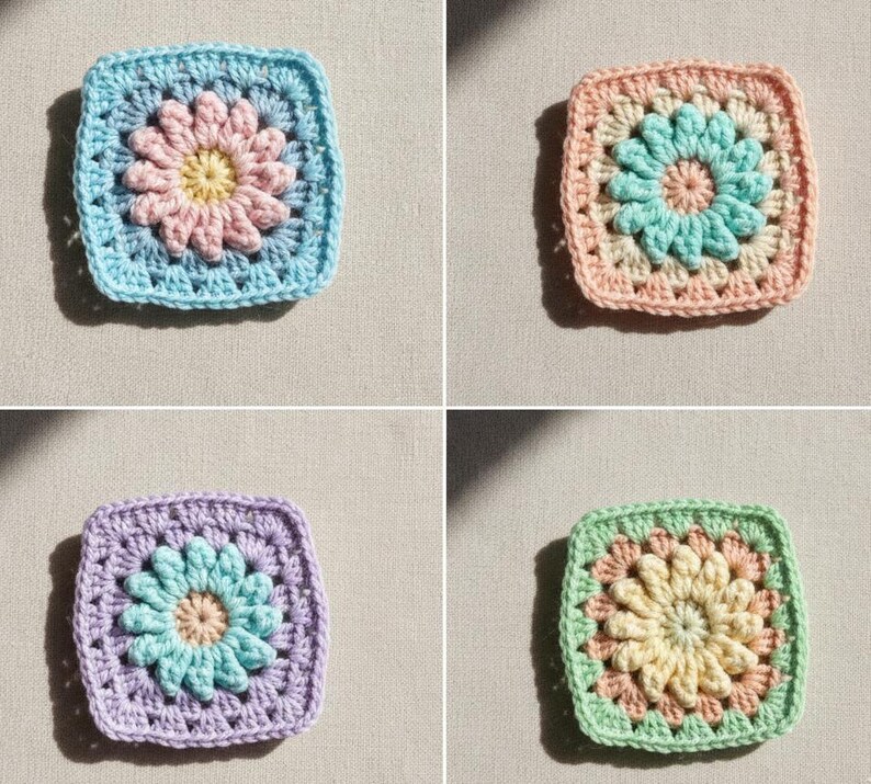 May include: Four colorful, square crochet pieces with a daisy design. Each piece features a different color scheme: blue with pink and yellow, peach with teal and pink, purple with teal and beige, and green with yellow and peach.