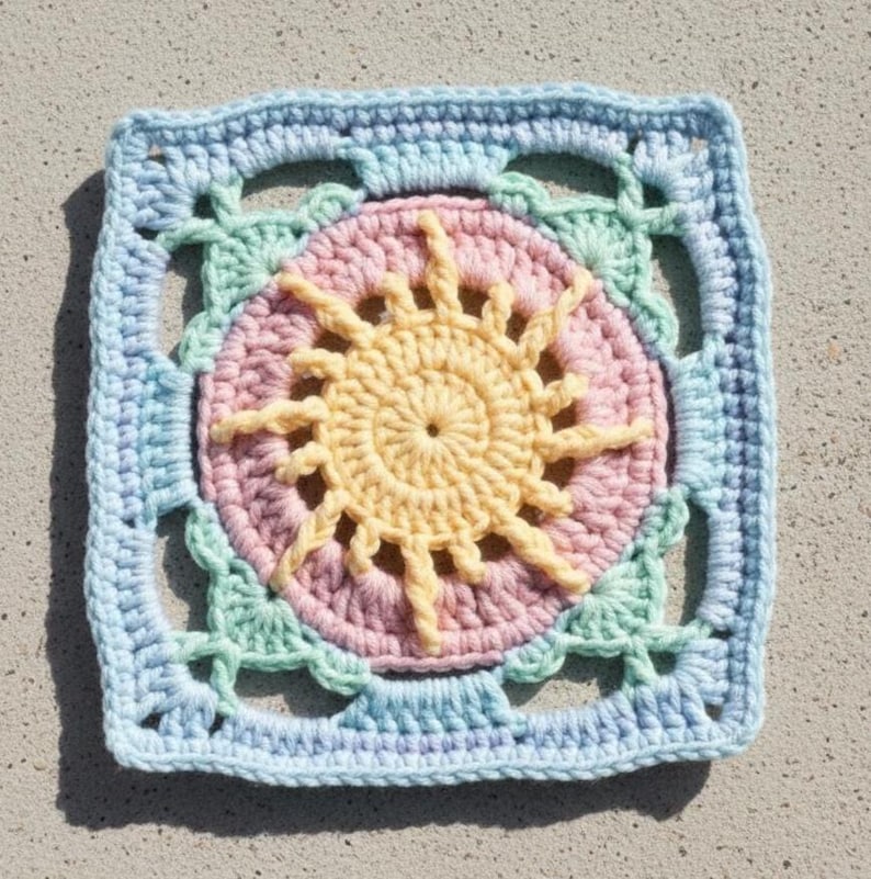 May include: A square, crocheted sunburst design in pastel colors. The center features a yellow sun shape on a pink circle, surrounded by green and blue accents. The outer border is light blue.