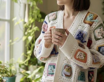 Women's Knitted Cat Cardigan for Kitty Lovers, Cat Granny Square Sweater, Hand Knit Afghan Cats Cardigan