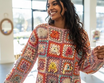 Handmade Cat Granny Pullover: Cat Crochet Top Sweater
