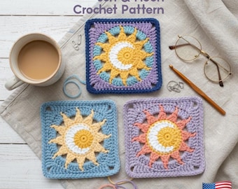 Sun and Moon Crochet Square Pattern, Night Moon Crochet Pattern, Granny Square Sun and Moon English Pattern