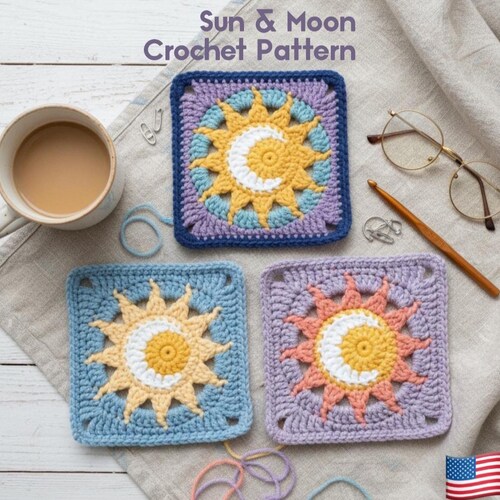 Sun and Moon Crochet Square Pattern, Night Moon Crochet Pattern, Granny Square Sun and Moon English Pattern