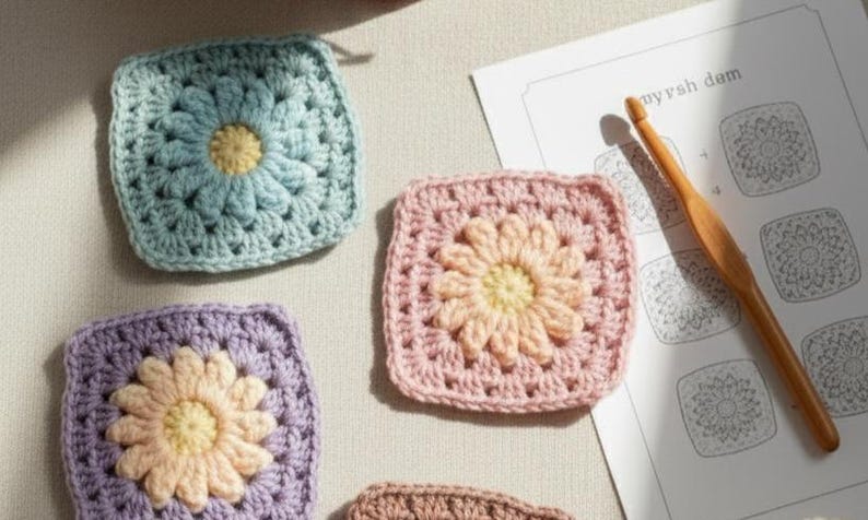 May include: Close-up of several crocheted squares in pastel colors, each featuring a flower design. A wooden crochet hook and a pattern sheet with the text "myrsh dam" are also visible. The squares are in shades of blue, pink, purple, and brown.